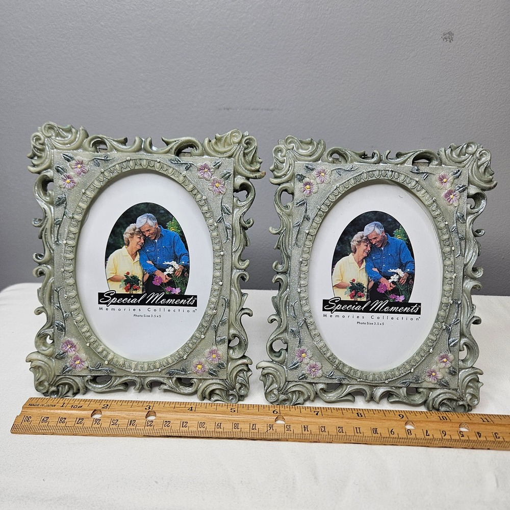 Special Moments Vtg Style Sage Green Floral Ornate Oval Picture Frames Set 2